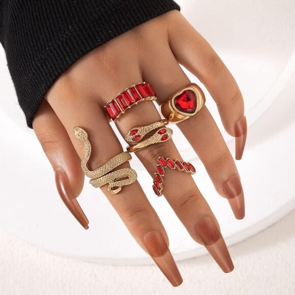 Gold Boho Crystal Heart Stacking Snake Knuckle Rings Set - Vintage Red Beauty - Picture 2 of 3